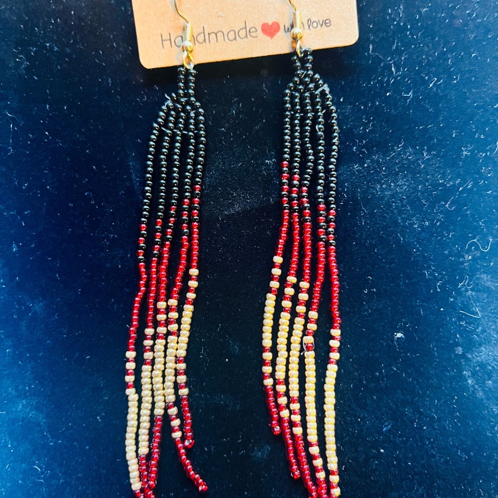 Handmade Beaded Fringe Earrings - Black, Red & Gold